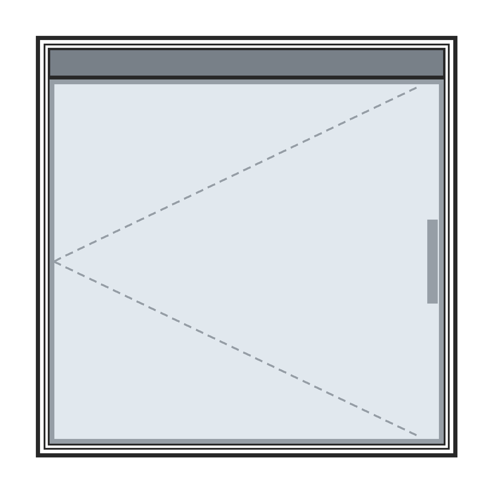 Diagram of a single aluminium-framed automatic swing door with operator header, hinge-side markings and lock-side handle, viewed from inside