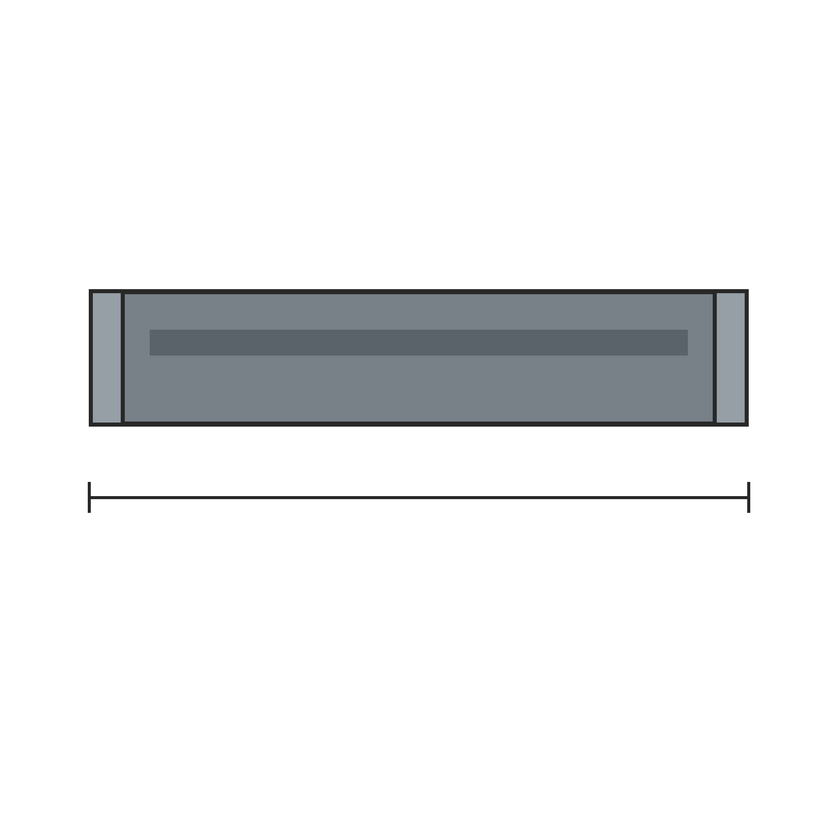 Technical outline diagram of the MCW-100 automatic swing door operator body with end caps and width dimension line